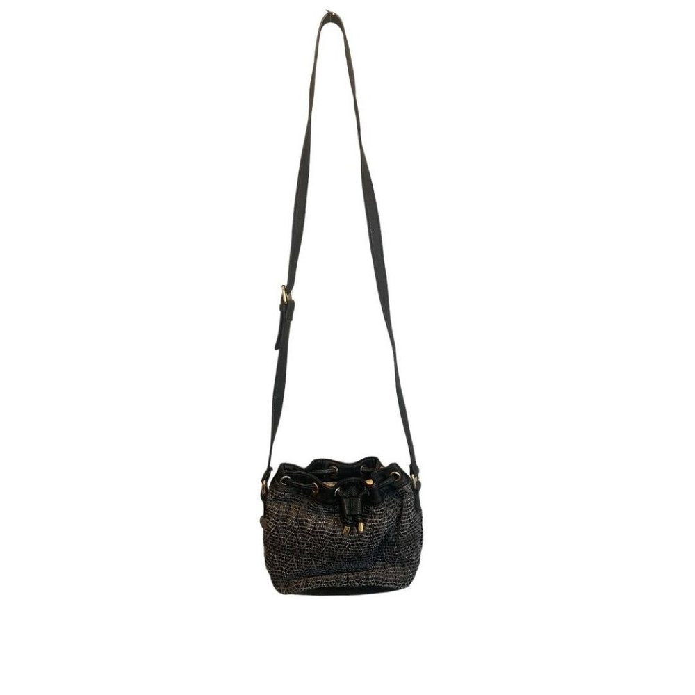 Poverty Flats Woven Faux Black Leather Crossbody Drawstring Bag